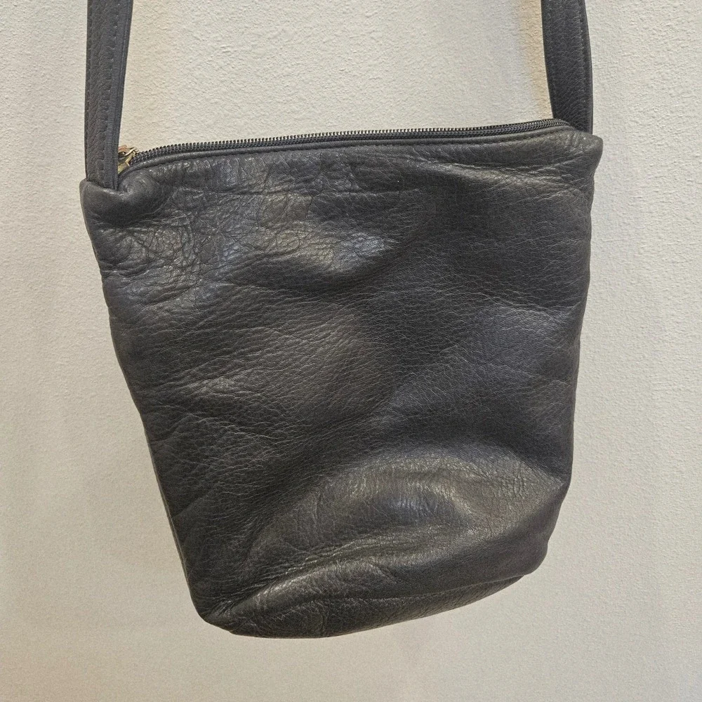 Libaire Black Pebbled Leather Crossbody Bag Made in USA Minimalist Zip Pocket